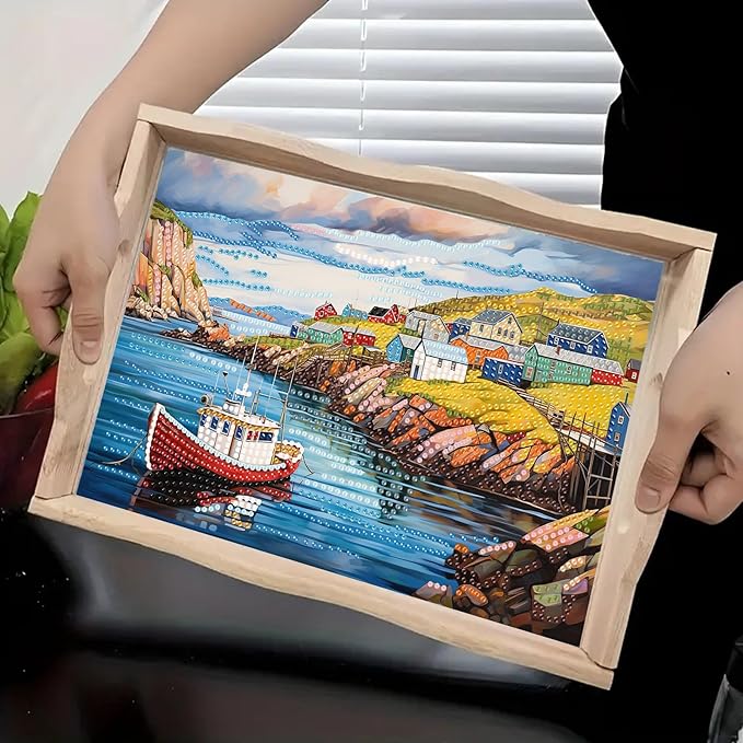 BAYUNOE DIY Diamond Serving Tray Rectangular Breakfast Tray with Handle Handmade Diamond Art Painting Wooden Tray Spring Creative Dinner Plate Coffee Room Living Home Organizer-Seaside Village