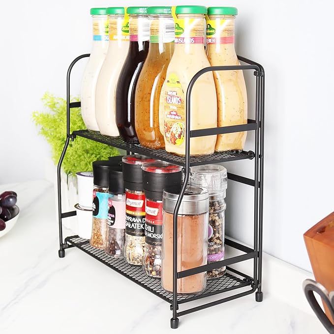 2 Tier Spice Rack Seasoning Bottle Holder Black Metal Non-Slip Foldable Kitchen Bathroom Countertop Standing Organizer for Home House Tabletop Desktop Items Storage Y0728(Bird)