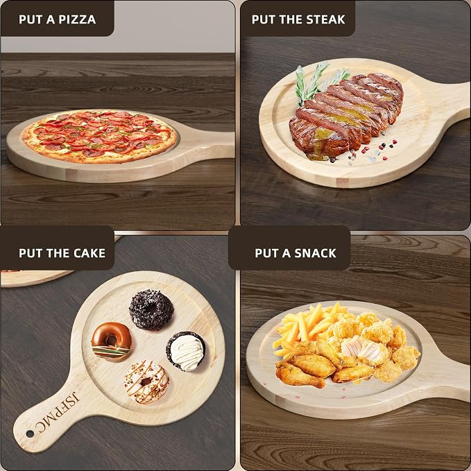 Rubber Wood Board with Handle, Round Serving Board, Dining Board, Chopping Board for Meat, Cheese Board, Vegetables, Bread, Charcuterie, Small 10.6"x7"x0.6"