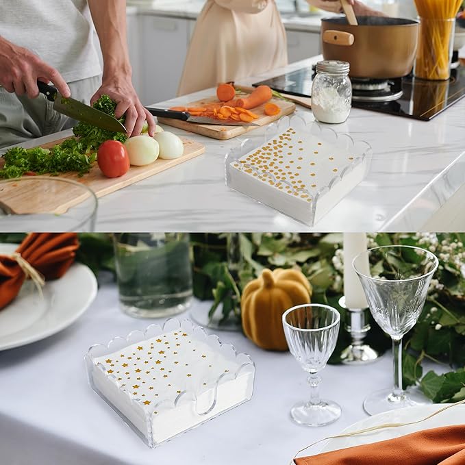 1 Pack Acrylic Cocktail Napkin Holder Crystal Clear Scalloped Tray for Cocktail,Beverage Napkin Holder Square Rectangle for Dinner, Kitchen, Bathroom, Restaurant, Bar (5.5 x 5.5 Inch)