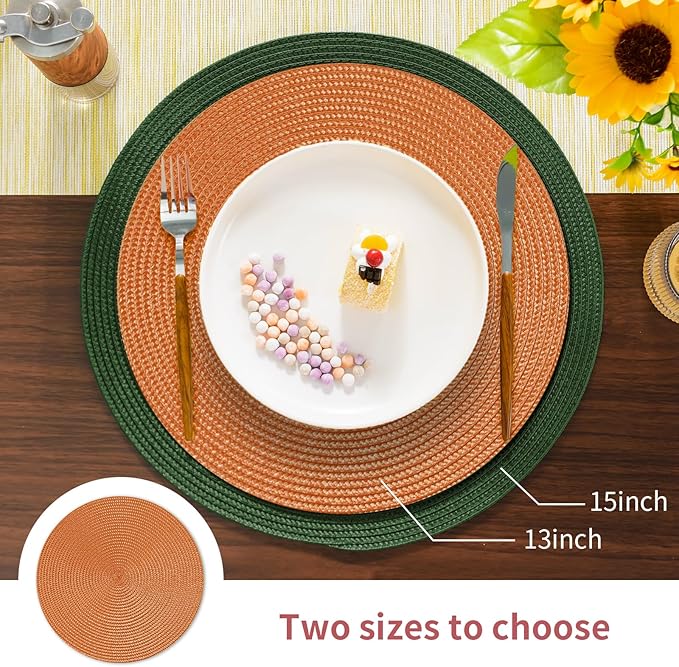 FunWheat Round Braided Placemats Set of 6 Place Mats for Dining Tables Woven Washable Non-Slip Table mats Small 13 inch(S Dark Orange, 6pcs)