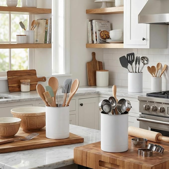 KSENDALO Stainless Steel Utensil Holder Set of 3 - 6.6* 5inch Round Kitchen Caddy, Crock, and Organizer for Cooking Spoons, Silverware, and Spatulas - Stylish Metal Container for Countertop, White | White Painted Stainless, Heavier Base, 6.6 inchTall, ...