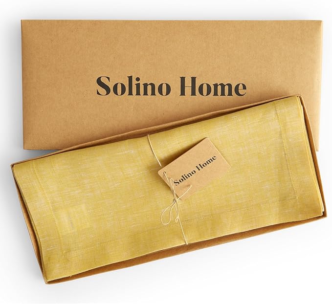 Solino Home Linen Table Runner 156 Inches Long - Athena, 100% Pure Linen Chambray Lemon Yellow Table Runner 14 x 156 Inch for Dining, Spring, Summer