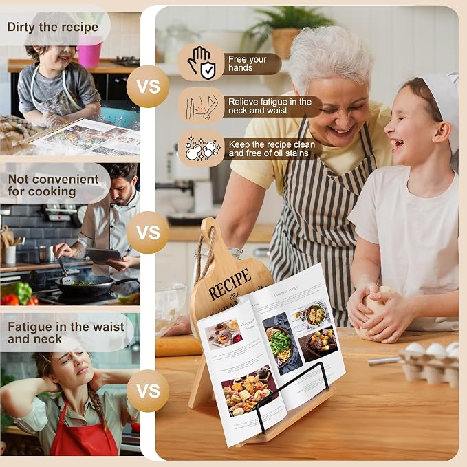Christmas Gifts for Grandma Retirement Gifts Cookbook Stand Bamboo Recipe Book Holder Kitchen Gifts for Women Adjustable Non-Slip Cook Book Stand for Kitchen Counter