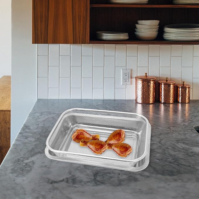 POPETPOP Stainless Steel Drain Oil Plate with Rectangular Baking Sheet and Removable Cooling Rack, Dishwasher Safe and Easy to Clean, for Kitchen Baking and Oil Draining