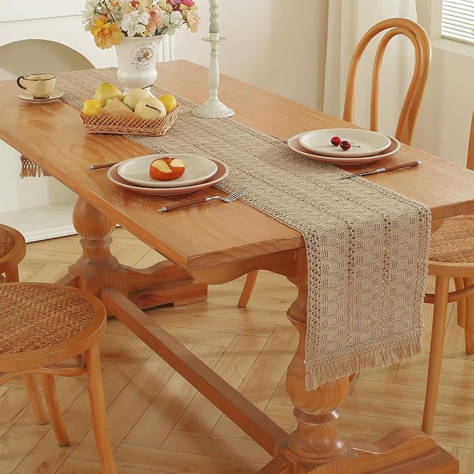 Niviy Burlap Boho Table Runner for Home Decor with Tassels 108 Inches Long, Modern Farmhouse Decor Rustic Macrame Woven Coffee Table Runners for Spring Dining Table Decoration, Burlap Brown