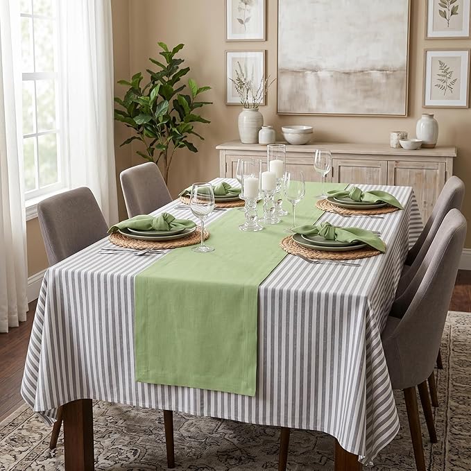 Solino Home Linen Table Runner 90 Inches Long - 100% Pure Linen Laurel Green Dining Table Runner 14 x 90 Inch for Spring, Summer - Fete