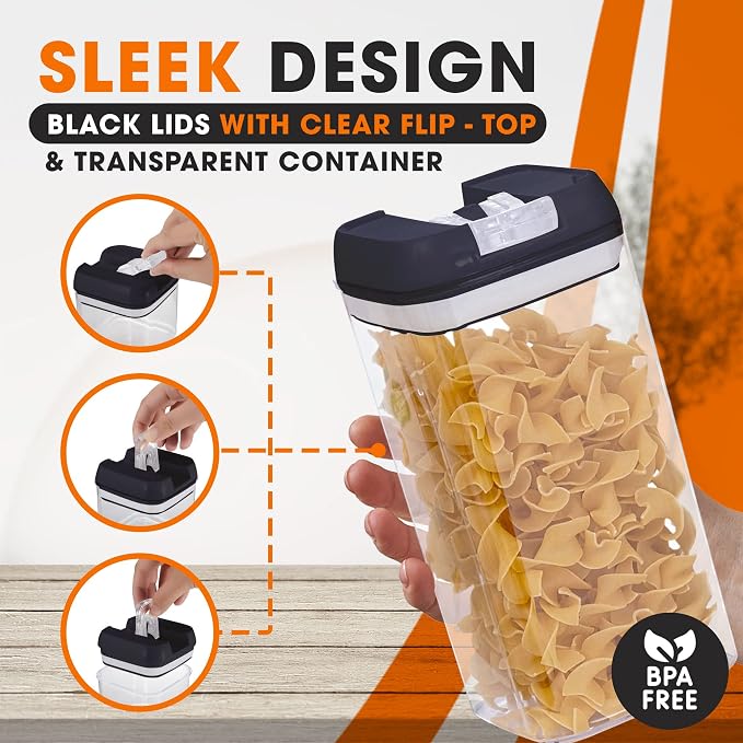 Set of 6 Airtight Food Storage Containers - Pantry Organizer Bins, BPA Free Plastic Containers plus Dry Erase Marker and Labels, Black