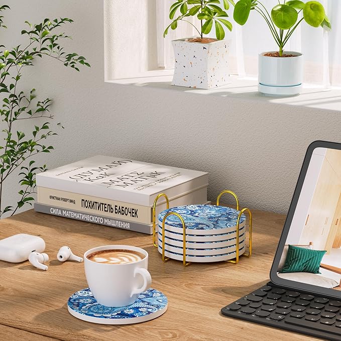 6Pcs/Set Marble Abstract Ceramic Coasters with Holder, Absorbent Drink Coasters, Coffee Cup Coaster,Round Ceramic Table Coasters Set Decorative