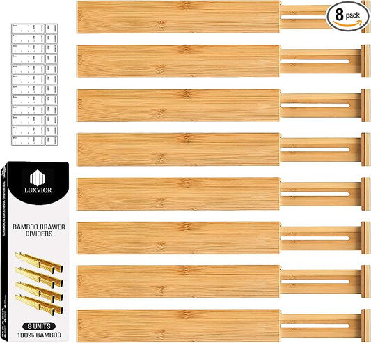 Expandable Bamboo Drawer Dividers 8 pack with labels(17"-22") Drawer Organizer for Kitchen, Clothes,Utensils,Silverware,Dresser,Office,Desk