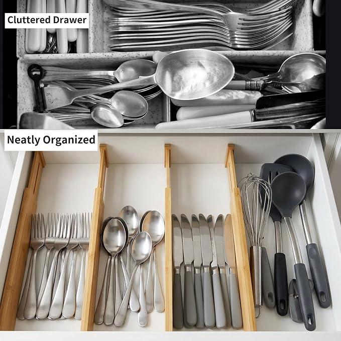 Utoplike 4 pcs Bamboo Kitchen Drawer Dividers Large, Adjustable Drawer Organizers, Spring Loaded, Expandable Organization Works in Kitchen, Dresser, Bathroom, Bedroom, Drawer, Desk