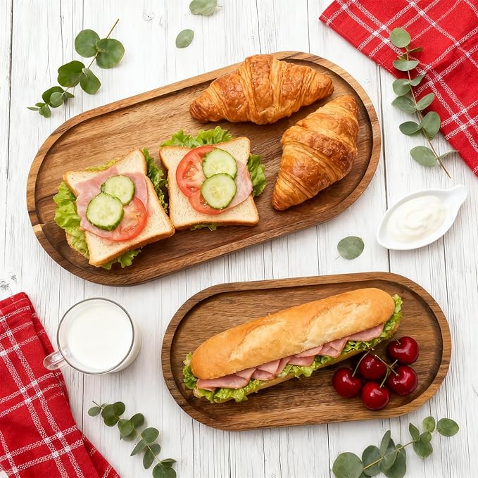 Elsjoy Set of 2 Acacia Wood Serving Trays, Long Wooden Serving Platter Oval Charcuterie Board Set for Home Decor, Fruit, Cheese, 𝟏𝟒" 𝐱𝟕" 𝐚𝐧𝐝 𝟏𝟏" 𝐱𝟓.𝟓"