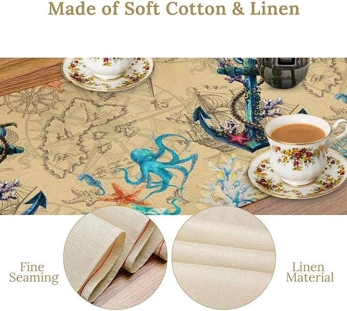 Nautical Anchor Table Runner, Vintage Old Treasure Map Watercolour Coral Plant Starfish Octopus Ship Anchor Table Decor Table Top Dining Kitchen Wedding Party 13x36 Inch