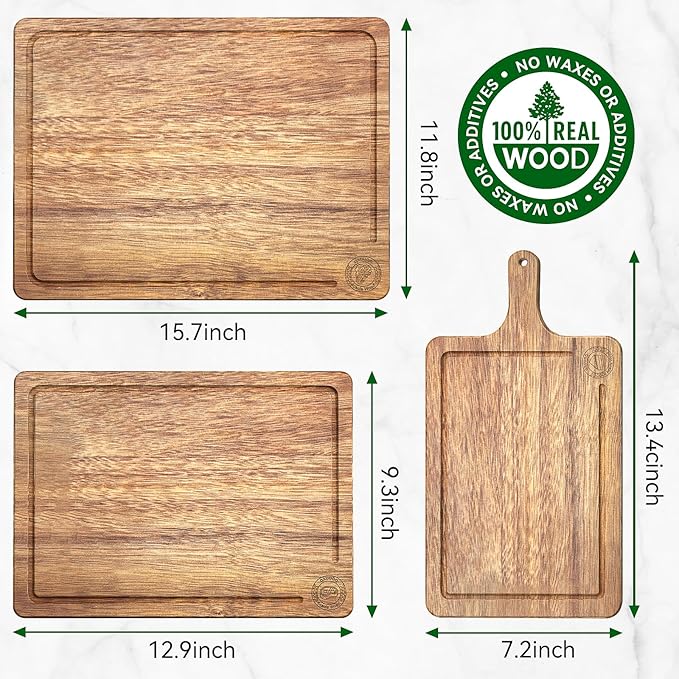 Acacia Wood Cutting Board Set of 3 – Non-Toxic & Pre-Oiled Cutting Boards for Kitchen, Chopping Boards with Holder, Juice Groove, Reversible Serving Board, Labeled Icons for Meat Cheese Vegetables
