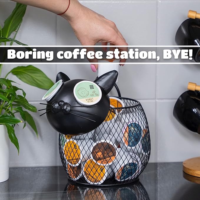 Made Easy Kit Cat Coffee Pod Holder Basket – Metal K-Cup Organizer for Countertop Coffee Bar – Cute Kitchen Décor Storage for Keurig Pods, Creamers & Capsules (25 Pod Capacity)