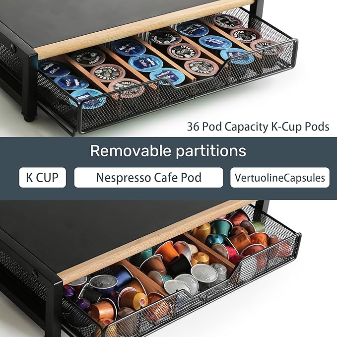WILDMOS Coffee Pod Drawer,Coffee Station Organizer for Coffee Pod Storage,Movable Solid Wood Partition Board, Counter Coffee Bar Accessories for Nespresso Pods,Cream, Spoon, Sugar（Black)