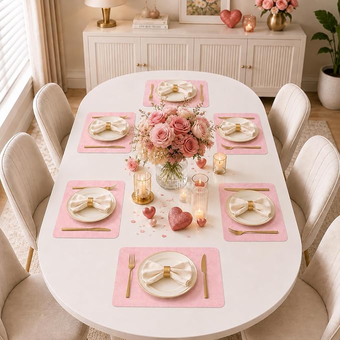 Maxpearl Faux Leather Placemats Set of 6 - Waterproof - Wipe Clean - Heat Resistant - Anti Slip Dining Table Place Mats, Suitable for Indoor & Outdoor Use, 17’’×12’’, Pink