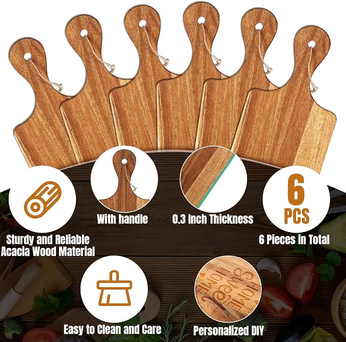 Patelai 6 Pcs Cutting Board Set with Handles Laser Engraving Wooden Charcuterie Kitchen Plain Serving Chopping Board Bulk for DIY Housewarming(Acacia Wood,17 x 6 Inch)