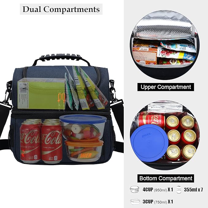 MIER Dual Compartment Lunch Bag Tote with Shoulder Strap for Men and Women Insulated Leakproof Cooler Bag, Dark Blue