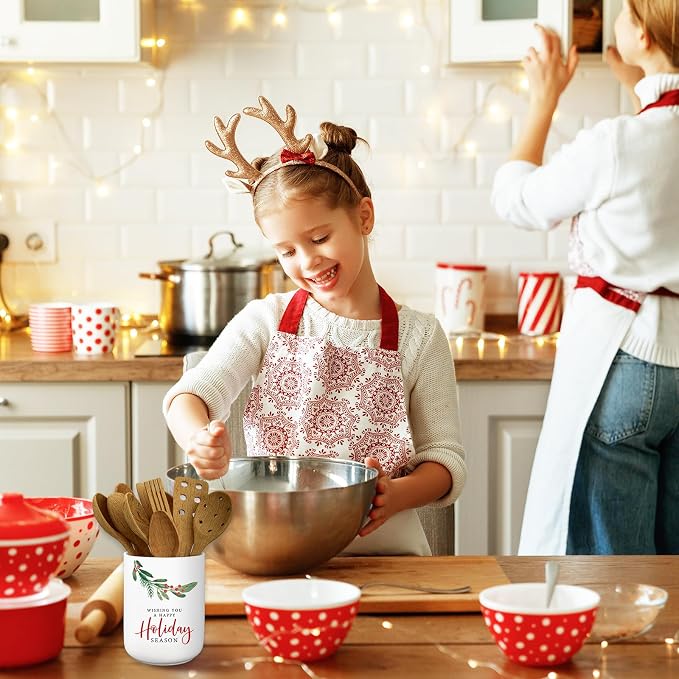 JarThenaAMCS Christmas Ceramic Utensil Holder Holly Berry Wishing You A Happy Holiday Utensil Crock for Winter Xmas Home Kitchen Countertop Storage Organizer Container