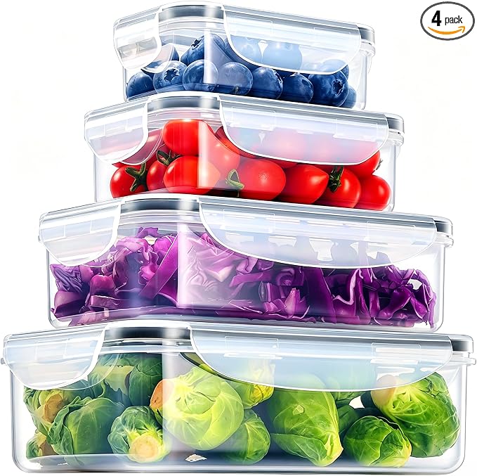 Geedel Food Storage Containers with Lids, Airtight Leakproof Lunch Meal Prep Containers, Stackable Microwave Freezer Dishwasher Safe Plastic Food Containers for Kitchen Organization, Set of 4, Clear
