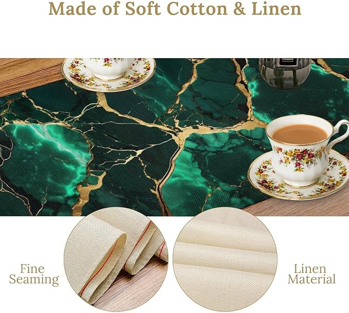 Marble Table Runner, Abstract Dark Green and Gold Modern Luxury Texture Printed Linen Table Runners for Farmhouse Kitchen Dining Room Party Holiday Home Decor 13" W x 72" L