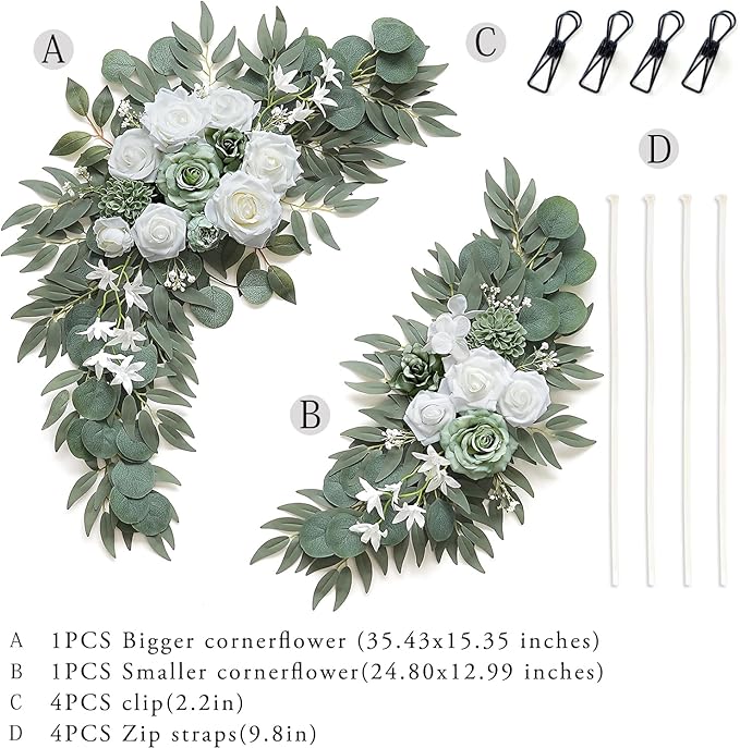 Olalaka 2-Pack Sage Green & White Wedding Flower Swag Set, Large: 35.43"L x 14.56"W, Small: 24.80"L x 12.99"W, Artificial Flowers for Wedding Arch, Ceremony, Table Centerpieces, Wall Hanging