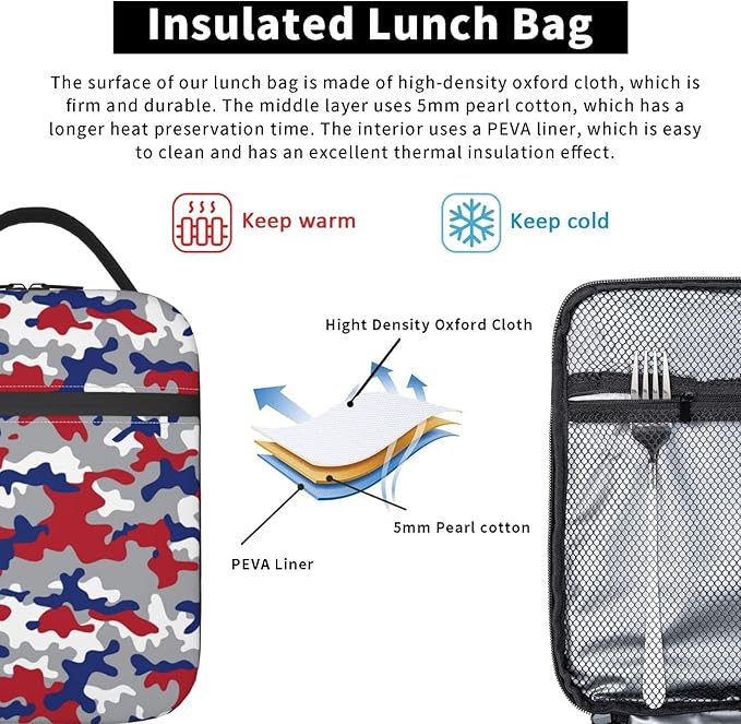 Gianlaima Camo Camouflage Red Blue Insulated Lunch Box For Women Man, Portable Lunch Bag Reusable Cooler Tote For Office Work Travel Picnic Camping Beach