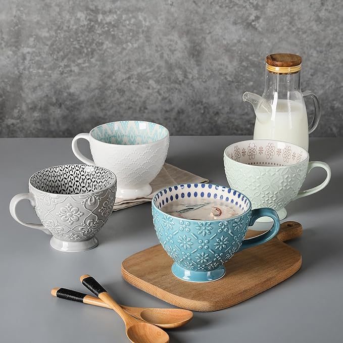 Signature Housewares Pad Print Set of 4 Assorted Footed 14oz Mugs, PP13 Multicolor (Pack of 3)