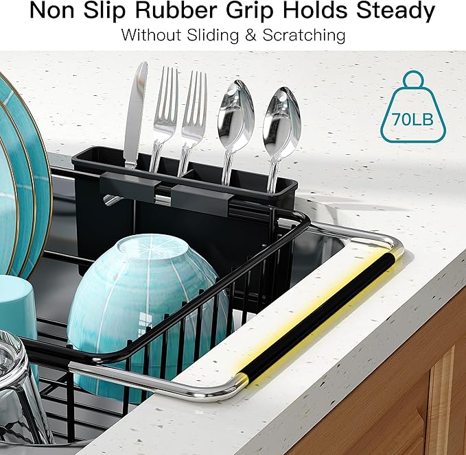 Black Dish Drying Rack Over the Sink In Stainless Steel Expandable Drainer for Small Kitchen, Counter Space Saving Compact Inside Sink Plate Dryer, Adjustable Hanging Metal Wire Strainer Drain Holder