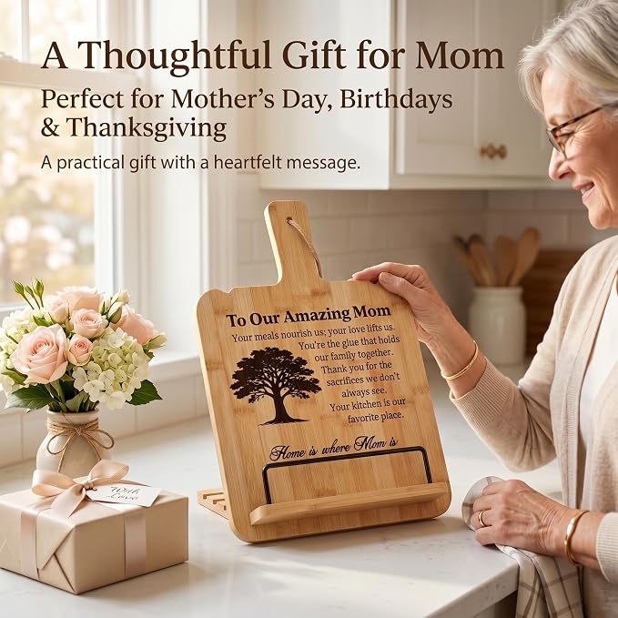 Bamboo Cookbook Stand for Kitchen Counter, Wooden Recipe Book Holder with 4 Adjustable Angles, Space-Saving Wall Mount Tablet Stand, Personalized Mothers Day Gifts for Mom