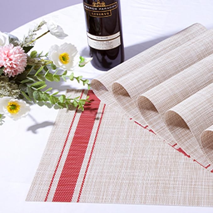 Placemats Set of 6-Heat Resistant Non-Slip Washable Table Mats for Dining Table,PVC Vinyl Woven, 12 x 18 inch Striped Design