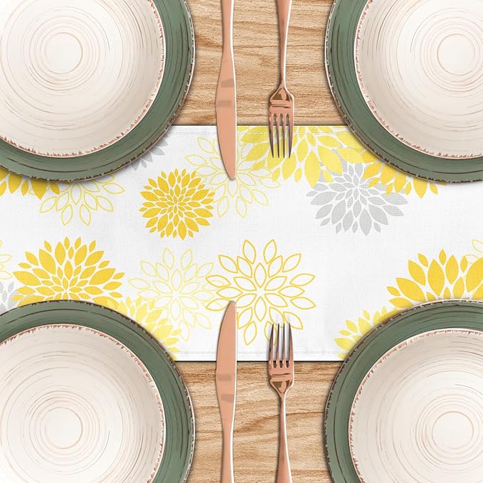 Dahlia Flower Table Runner 13x36 Inch Farmhouse Yellow Gray Runners Modern Table Decorations Rustic Geometric Coffee Table Runner for Home Kitchen Dining Room Party (13"x36", Dahlia Floral-Yellow)