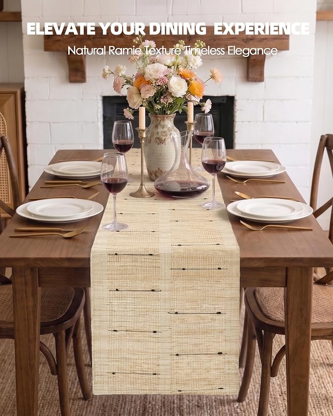 Ramie Table Runner 13.8 x 72 Inch, Natural Woven Table Runner for Dining Table, Boho Farmhouse Rustic Table Decor for Kitchen, Coffee Table, Entryway Console