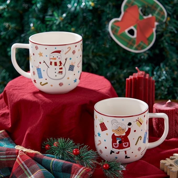 Bico Christmas Merry Crew Ceramic Mug Set of 4, Christmas Coffee Mugs, 19oz Holiday Cups for Tea, Cocoa, or Hot Drinks, Microwave & Dishwasher Safe