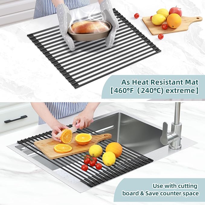 Ohuhu Over The Sink Dish Drying Rack, 20.5" W x 13.1" L Rolling Dish Drainer Foldable Sink Accessories Heat-Resistant Mat Anti-Slip Silicone Coated Dish Racks for Kitchen Counter