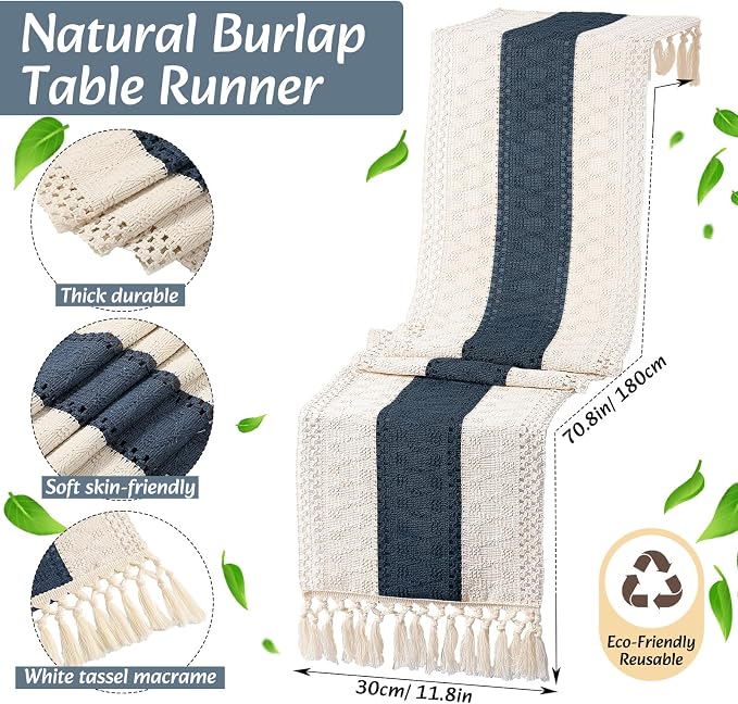 Boho Placemats 4/6/8 Set of Round Woven Placemat Macrame Style Bicolor Stitching Long Table Runner Farmhouse Rustic Natural Burlap Cotton for Kitchen Dining Table(6 Sets,Blue,12x72)