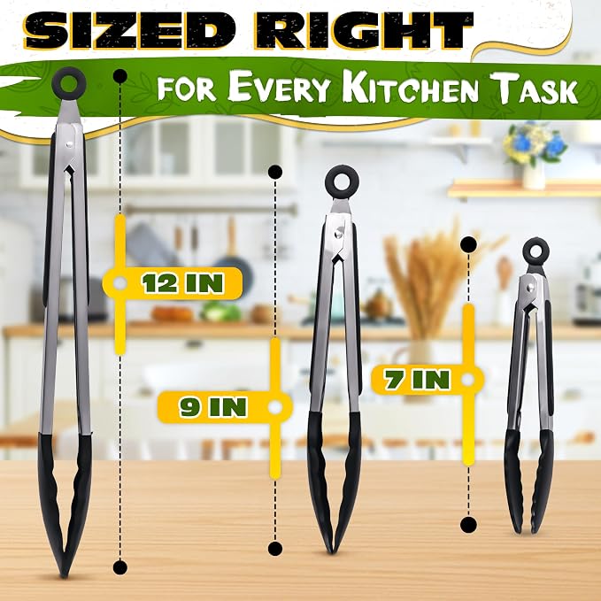 Kitchen Tongs Set of 3 — 7", 9", 12" Silicone Tongs for Cooking, Stainless Steel Build with Silicone Tips, Non-Stick Pan Safe, Easy-Lock Handle — Salad, Grilling, BBQ, Pasta, Frying, Steak, Serving