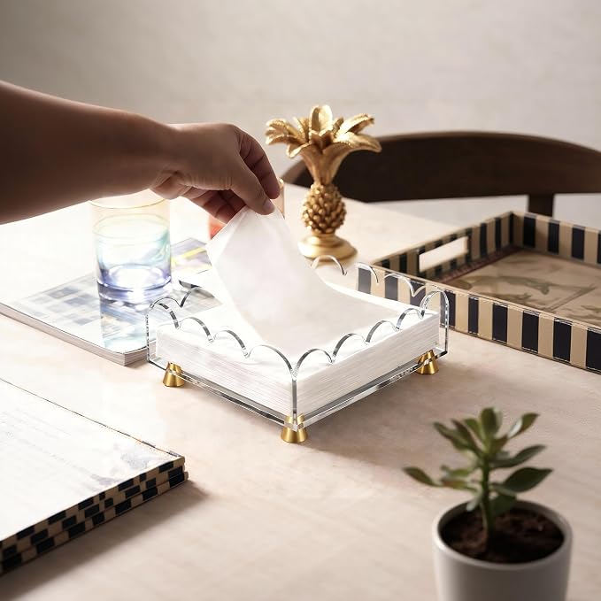 Acrylic Napkin Holder with Gold Metal Feet - Elegant Clear Tissue Organizer for Bathroom, Dining Table & Vanity (Square)