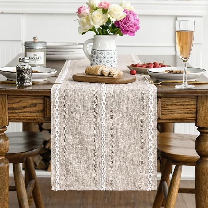 Artoid Mode Brown Rustic Cotton Linen Table Runner, Seasonal Embroidered Hollow Kitchen Dining Table Decoration for Home Party Decor 13x60 Inch