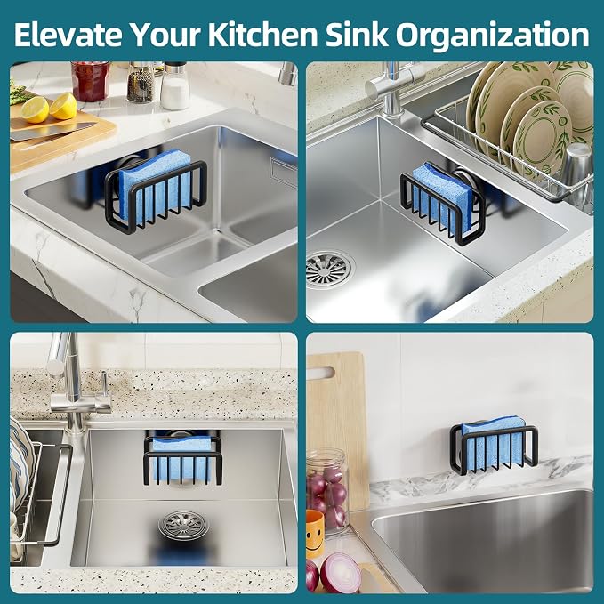 TAILI Sink Caddy with Strong Suction Cup, Sponge Holder for Kitchen Sink Oganizer, Removable Rustproof Aluminum Sponge Holder, Dish Brush for Scraper - Black