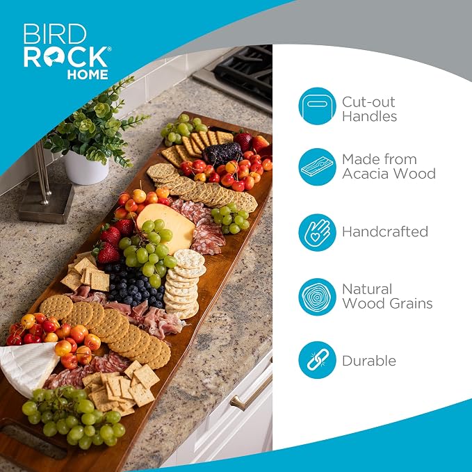 BIRDROCK HOME 36" Acacia Wooden Cheese Serving Board with Handles - Extra Long - Party Charcuterie for Appetizers Food Kitchen Platter - Bread Meat Fruit Display - Natural Wood - Espresso