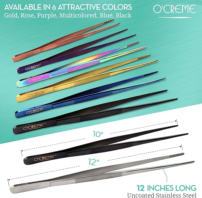O'Creme 10 Inch Blue Precision Stainless Steel Kitchen Tweezer Tongs with Serrated Tips for Gripping