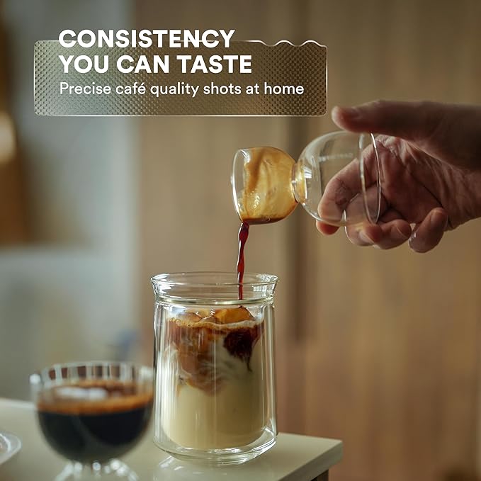 ovalware Espresso Measuring Glass Set of 2 | 30ml/1oz and 60ml/2oz Dual-Dose Stackable Borosilicate Cups | Cool-Touch Thermal Base | Oval Measurement Dots for Consistent Espresso Shots