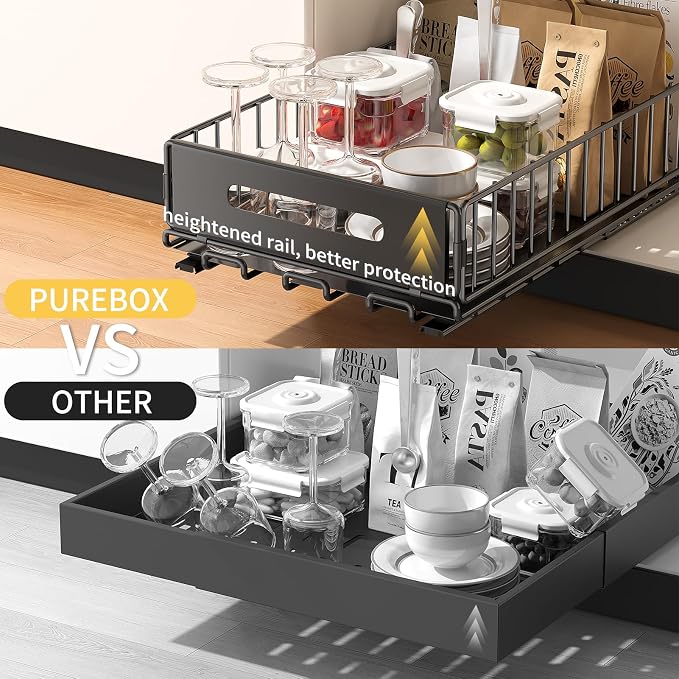 PureBox Pull Out Cabinet Organizer, Slide Out drawers for cabinets, Heavy Duty Carbon Steel Roll Out Shelves for kitchen, bathroom, pantry (14.7’’-23.1’’ Slide, Adhesive & Screw), 1 Pack, Black