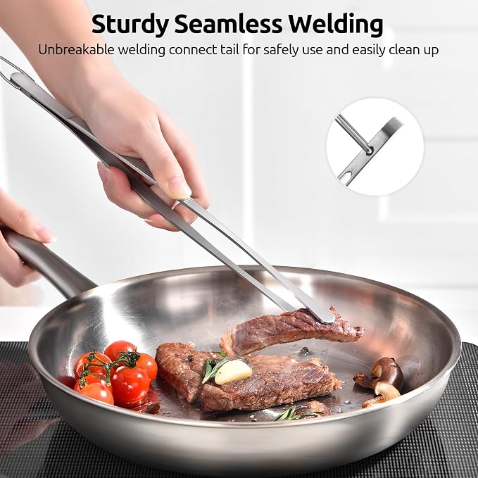 U-Taste 12in Long Kitchen Cooking Tweezer: 18/8 Stainless Steel Food-Grade Metal Food Tong, Flexible Pinching, Seamless-Welding, Sturdy and Non-Slip for Serving, Grilling, Frying, Baking (Round Tip)