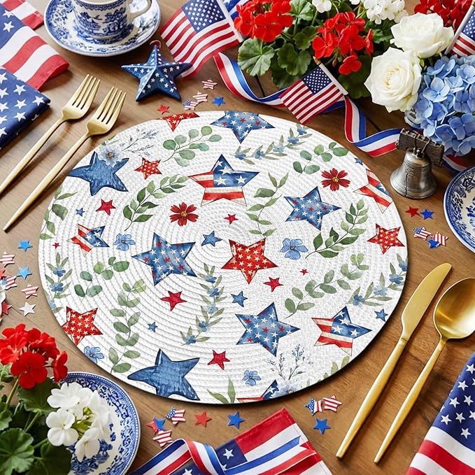 4th of July Round Placemats Set of 8 Patriotic Star Floral Place Mats Independence Day Woven Placemat Green Eucalyptus Leaves Circle Braided Table Mat for Kitchen Dining Table Party Decor 15 Inch