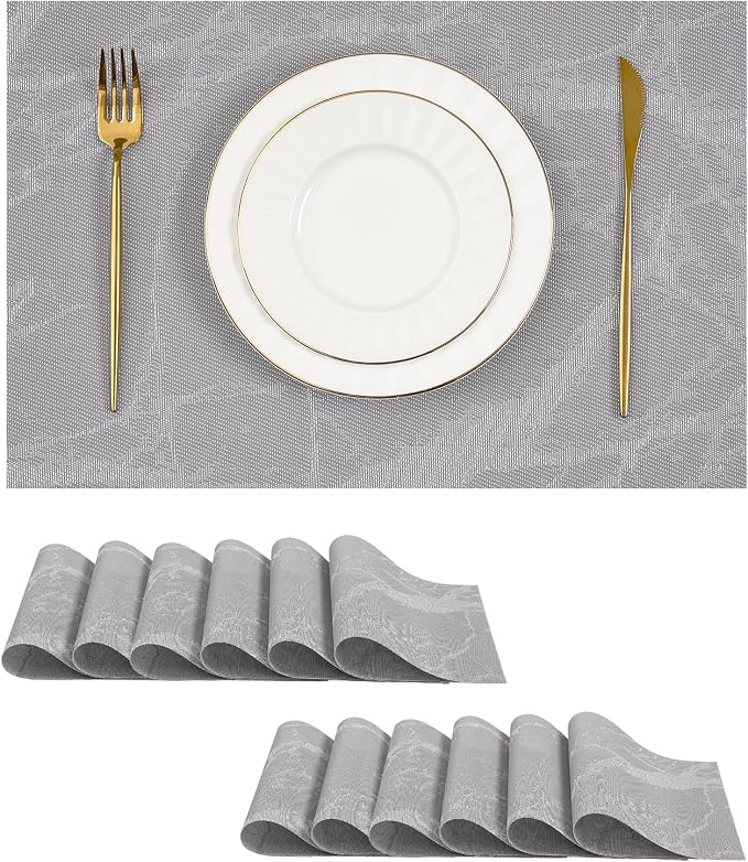 Leetaltree Reversible Marble Placemats Set of 12 – Ships Flat and Stays Flat, Durable Washable Vinyl PVC Placemats, Heat Resistant, Easy Wipe Clean (Gray Marble Pattern)