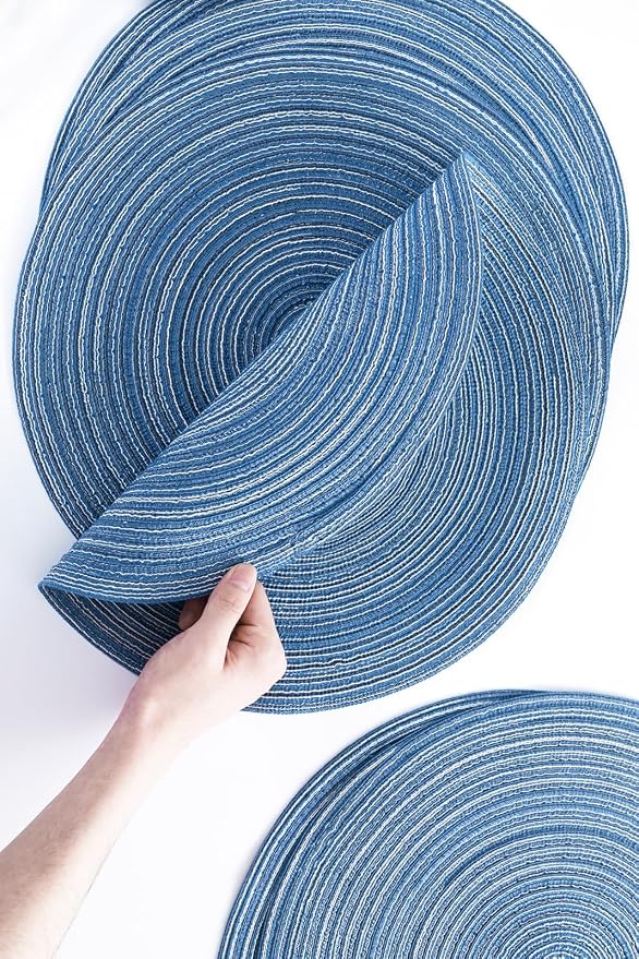 Floroom 15 Inch Round Braided Placemats Set of 4, Washable Heat Resistant Cotton Polyester Circle Place Mats for Kitchen Dining Table - Seascape Blue