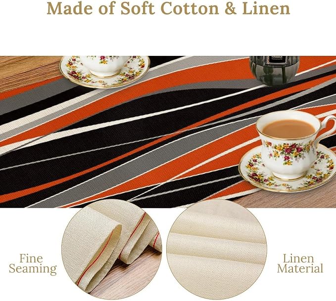 Abstract Modern Geometric Table Runner Orange Black Gray Minimalist Contemporary Geometry Ombre Wave Stripe Dinner Runner for Kitchen Dining Holiday Party Decor 13x90in